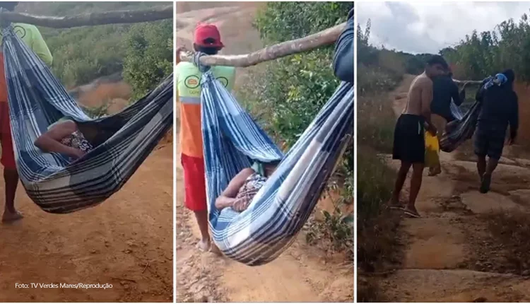  Estrada ruim barra ambulância, e idosa é transportada em fundo de rede na Zona Rural de Alcântaras.