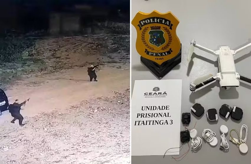  Polícia derruba drone que faria entrega de celulares, relógios e chips no presídio de Itaitinga.