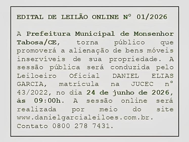  EDITAL DE LEILÃO ON LINE Nº 01/2026
